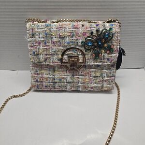 Reilly Apparel Tweed Butterfly Jeweled Crossbody Bag Multicolor Gold Chain NEW